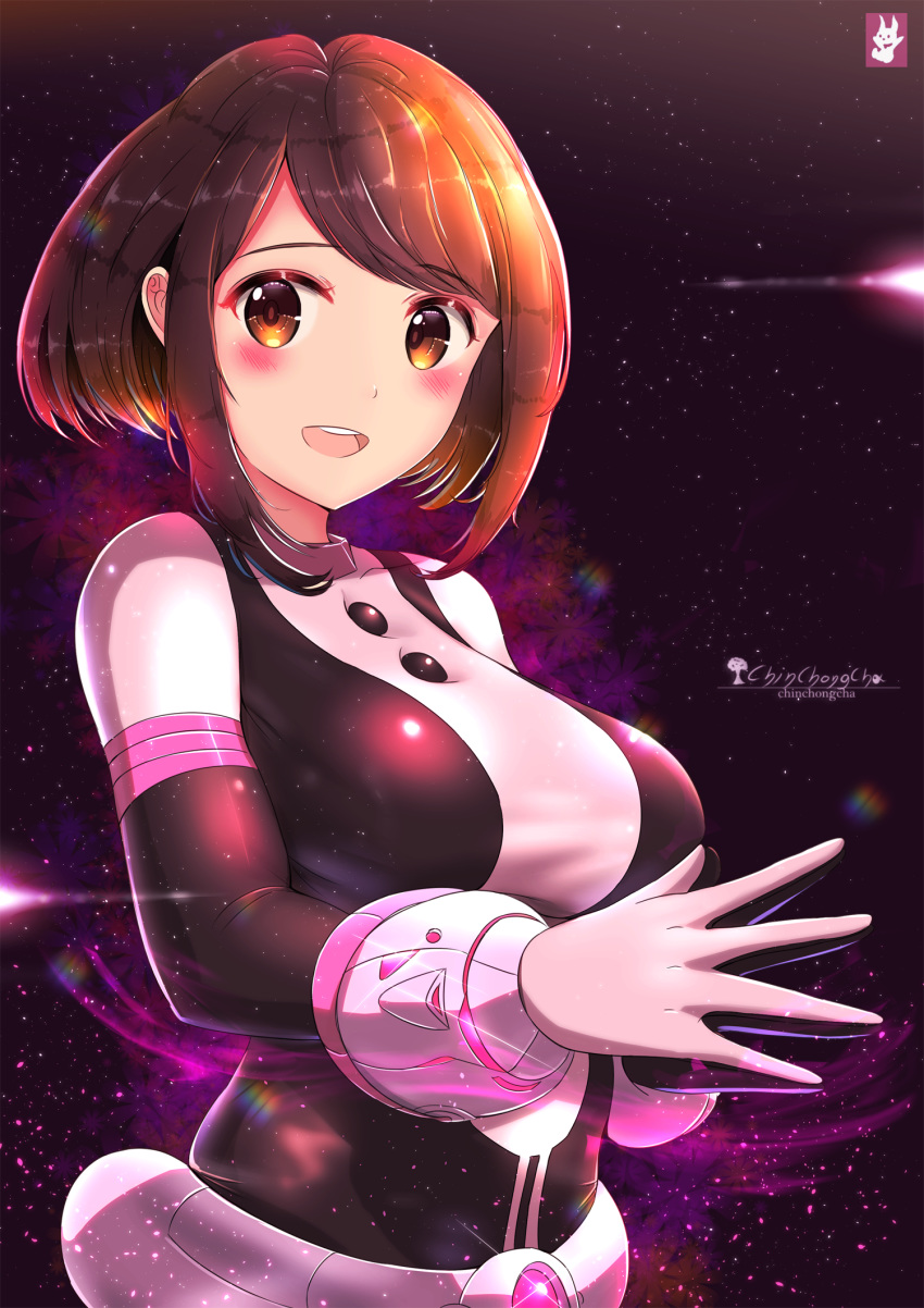 1girl :d artist_name black_bodysuit blush bodysuit boku_no_hero_academia breasts brown_eyes brown_hair chinchongcha eyebrows_visible_through_hair hands_together highres large_breasts looking_at_viewer multicolored multicolored_bodysuit multicolored_clothes open_mouth pink_bodysuit short_hair signature skin_tight smile solo space upper_body uraraka_ochako