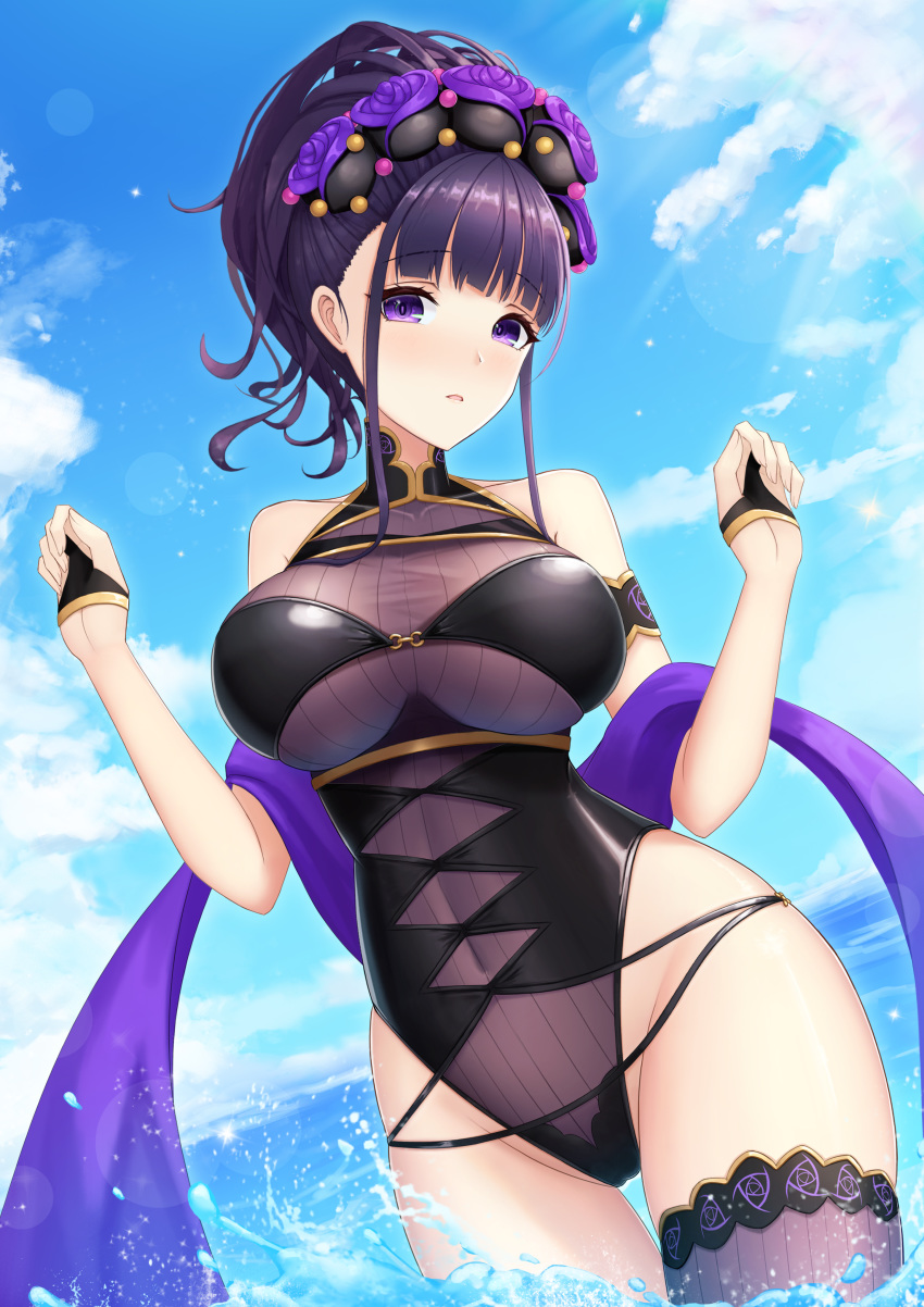 1girl abeen_jhong absurdres bangs bare_shoulders black_swimsuit breasts bridal_gauntlets clouds eyebrows_visible_through_hair fate/grand_order fate_(series) flower gloves hair_flower hair_ornament hair_up half_gloves highleg highleg_swimsuit highres in_water large_breasts looking_at_viewer murasaki_shikibu_(fate) murasaki_shikibu_(swimsuit_rider)_(fate) one-piece_swimsuit open_mouth purple_hair sidelocks sky swimsuit thigh-highs thighs tied_hair violet_eyes water