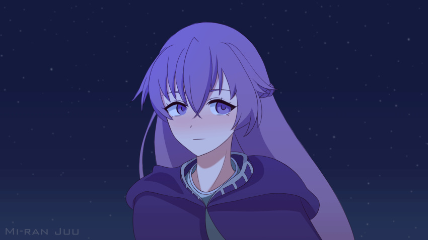 1girl animated animated_gif blinking blue_dress cape cloak commission commissioner_upload dress fire_emblem fire_emblem:_the_binding_blade gift hair_blowing highres long_hair miranjuu portrait purple_hair signature solo sophia_(fire_emblem) starry_background