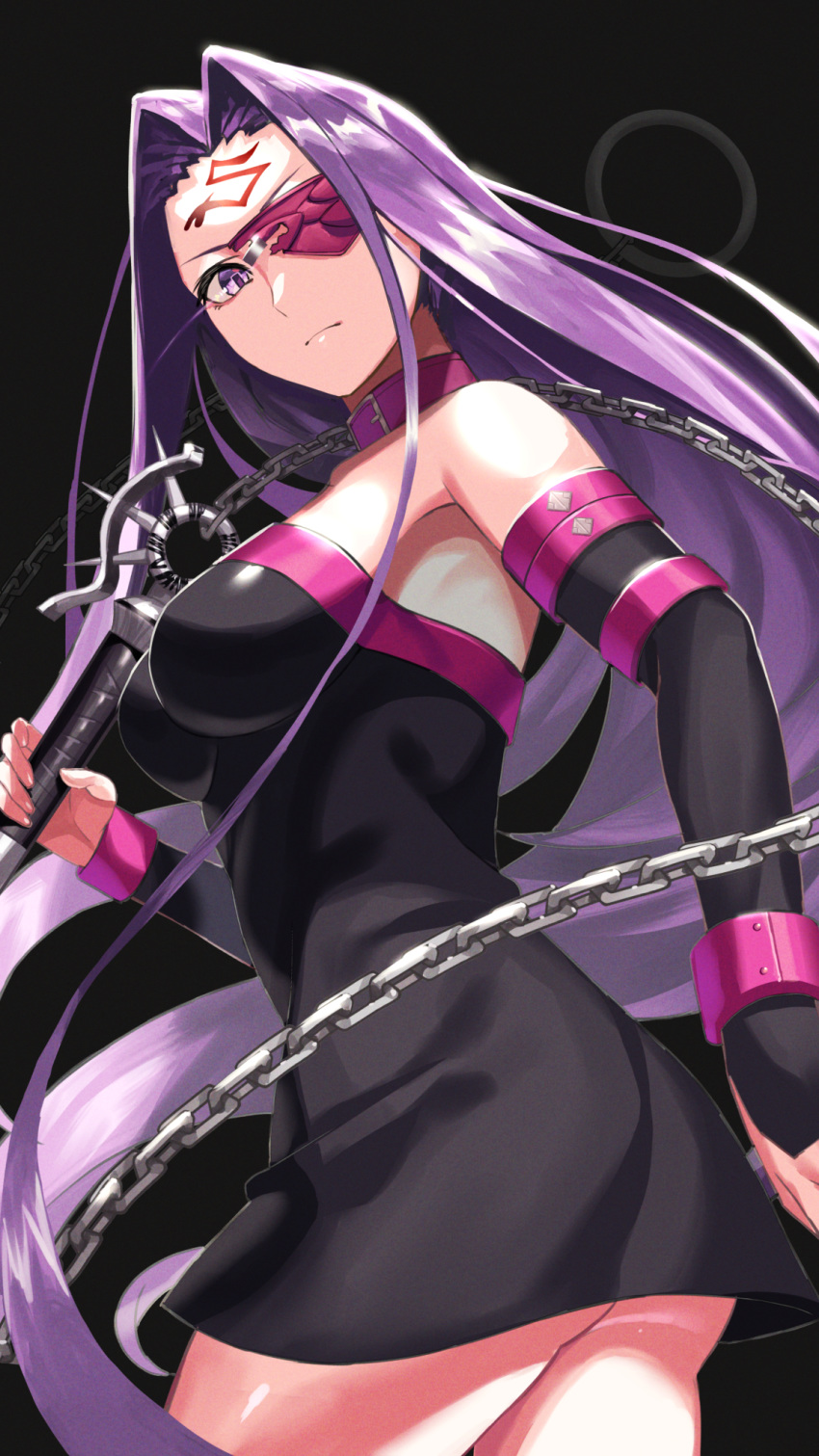 beppu_mitsunaka black_dress black_sleeves blindfold chain closed_mouth collar detached_sleeves dress facial_mark fate/stay_night fate_(series) forehead_mark highres long_hair long_sleeves nameless_dagger purple_collar purple_hair rider short_dress strapless strapless_dress very_long_hair violet_eyes