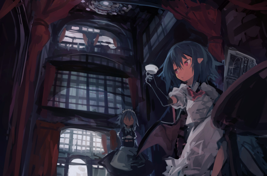 2girls absurdres apron bangs black_gloves braid closed_eyes cup curtains dress elbow_gloves gloves hair_between_eyes highres holding holding_cup holding_tray indoors izayoi_sakuya kaamin_(mariarose753) maid maid_headdress multiple_girls newspaper pointy_ears red_eyes remilia_scarlet short_hair short_sleeves sitting table teacup teapot touhou tray twin_braids waist_apron white_dress window wings
