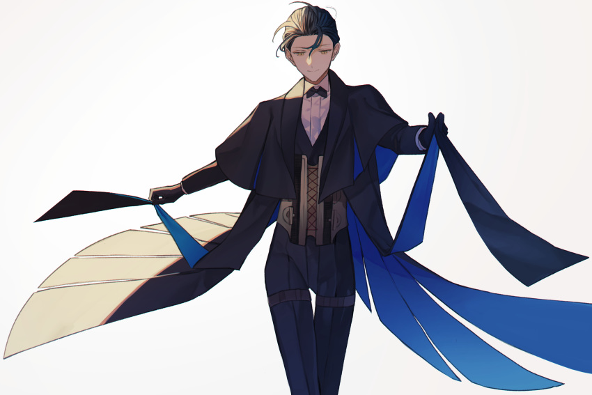 1boy albino_(a1b1n0623) bangs black_coat black_gloves black_hair blue_coat bow bowtie coat collared_shirt fate/grand_order fate_(series) formal gloves green_eyes grey_background highres jacket long_sleeves looking_down male_focus pants parted_bangs sherlock_holmes_(fate/grand_order) shiny shiny_hair shirt simple_background smile standing upper_body white_shirt