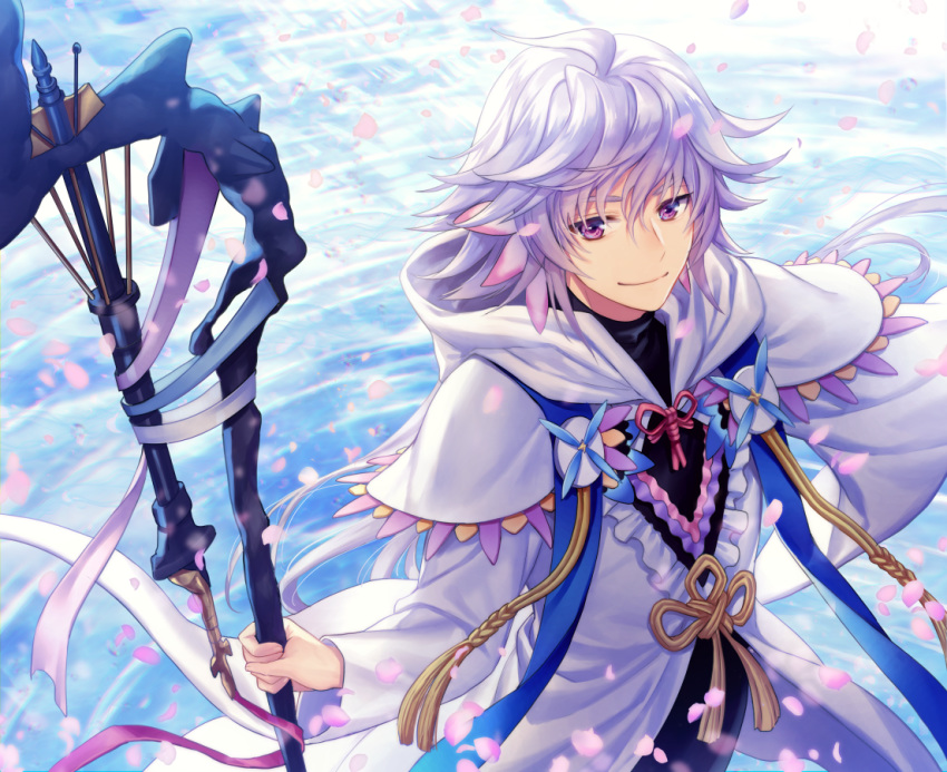 1boy ahoge bangs bishounen center_frills fate/grand_order fate_(series) flower flower_knot hair_between_eyes hair_ornament holding holding_staff holding_weapon hood hood_down hooded_robe long_hair long_sleeves looking_at_viewer male_focus merlin_(fate) multicolored_hair petals pink_ribbon ribbon robe smile solo staff tassel turtleneck two-tone_hair very_long_hair violet_eyes water weapon white_hair white_robe yamyom