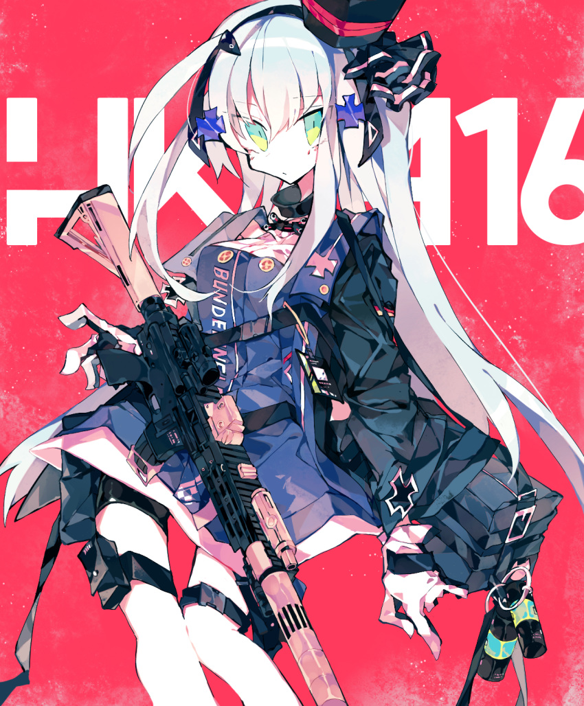 1girl assault_rifle black_hairband black_jacket blue_dress character_name commentary_request dress explosive feet_out_of_frame girls_frontline gloves green_eyes grenade gun h&amp;k_hk416 hair_ornament hairband hat highres hk416_(girls_frontline) jacket long_hair looking_at_viewer meto_(metrin) mini_hat name_tag red_background rifle solo thigh_pouch weapon white_gloves white_hair