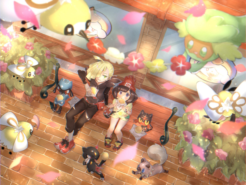 1boy 1girl bag beanie bench blonde_hair blush brick_floor brown_hair closed_mouth comfey commentary_request cutiefly eating eyelashes food from_above gen_2_pokemon gen_4_pokemon gen_7_pokemon gladio_(pokemon) green_eyes green_shorts hat highres holding knees litten looking_up mizuki_(pokemon) myuuu_ay outdoors pants petals pigeon-toed pokemon pokemon_(creature) pokemon_(game) pokemon_sm red_headwear riolu rockruff shiny shiny_hair shirt short_sleeves shorts shoulder_bag sitting sneasel tied_shirt