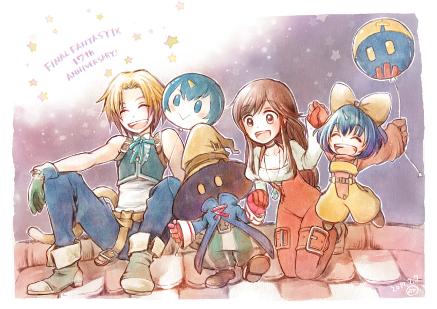 2boys 2girls balloon eiko_carol final_fantasy final_fantasy_ix garnet_til_alexandros_xvii hair_ribbon hat hira_(otemoto84) horns jewelry multiple_boys multiple_girls pendant ribbon sleeveless smile tail vivi_ornitier zidane_tribal