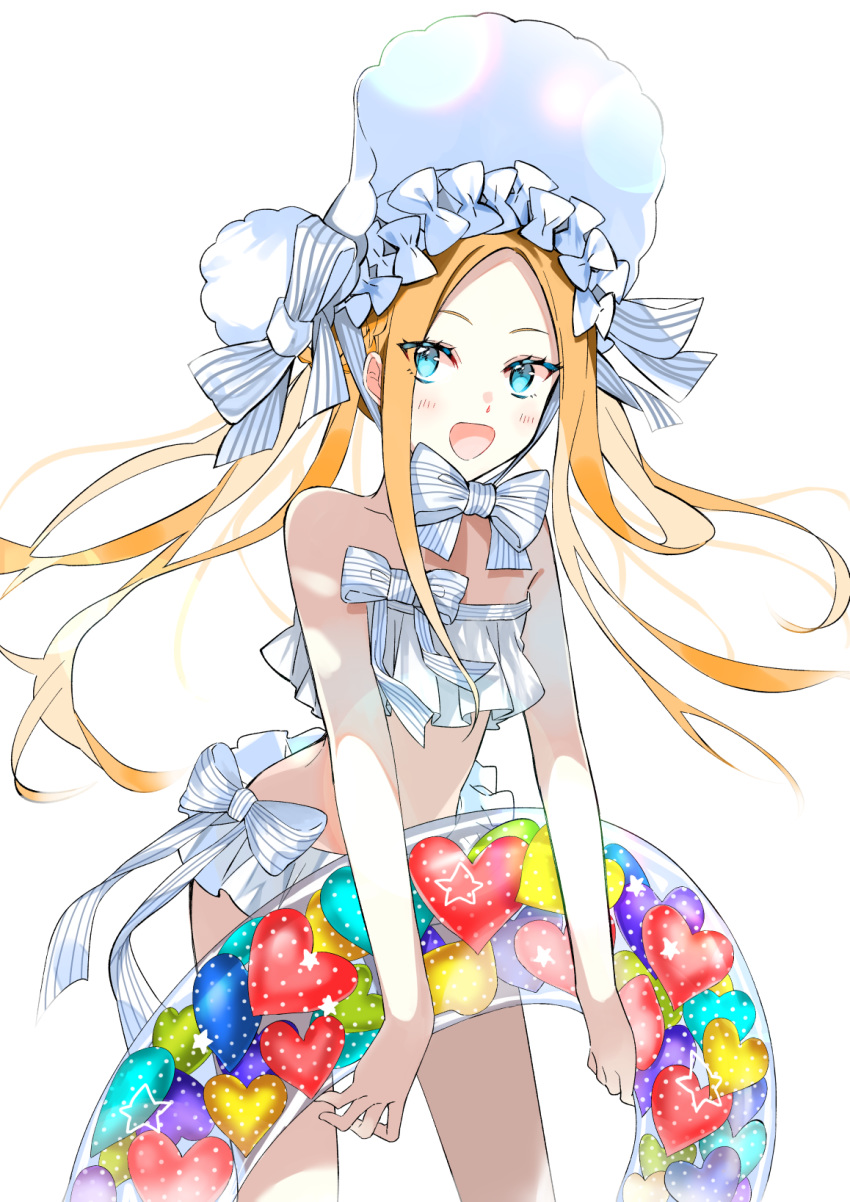 1girl abigail_williams_(fate/grand_order) abigail_williams_(swimsuit_foreigner)_(fate) bangs bare_shoulders bikini blonde_hair blue_eyes blush bonnet bow braid breasts fate/grand_order fate_(series) forehead hair_bow hair_rings highres innertube long_hair looking_at_viewer miniskirt open_mouth parted_bangs sidelocks simple_background skirt small_breasts smile swimsuit thighs twin_braids twintails very_long_hair white_background white_bikini white_bow white_headwear yubacha