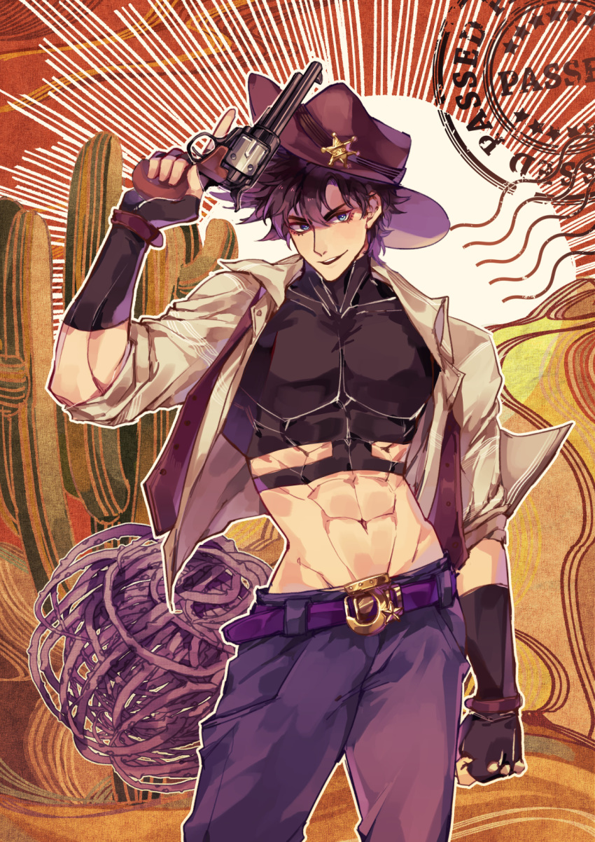 1boy abs adapted_costume arm_up battle_tendency belt belt_buckle blue_eyes brown_hair brown_headwear brown_theme buckle cactus clenched_hand commentary cowboy cowboy_hat cowboy_shot crop_top english_text fingerless_gloves gloves gun hair_between_eyes handgun hat highres holding holding_gun holding_weapon index_finger_raised jacket jojo_no_kimyou_na_bouken joseph_joestar_(young) male_focus midriff navel open_clothes open_jacket open_mouth pants pectorals revolver short_hair sky_kiki sleeves_rolled_up smile solo standing symbol_commentary tumbleweed weapon western