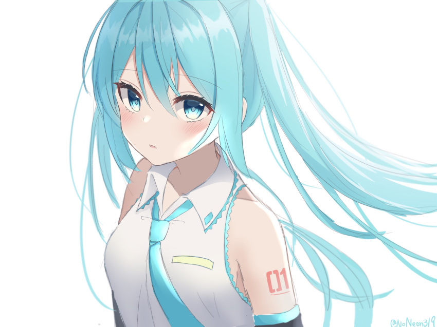 1girl alternate_hairstyle aqua_eyes aqua_hair aqua_neckwear bare_shoulders black_sleeves blush detached_sleeves hatsune_miku highres long_hair looking_at_viewer necktie noneon319 parted_lips shirt shoulder_tattoo sleeveless sleeveless_shirt solo tattoo twitter_username upper_body very_long_hair vocaloid white_background white_shirt