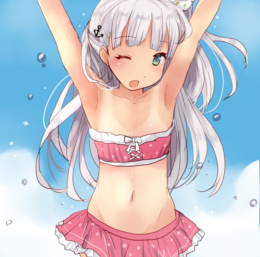 1girl anchor_hair_ornament arms_up bangs bikini bikini_skirt blue_sky blunt_bangs clouds collarbone flat_chest frilled_bikini frills green_eyes hair_ornament highres hirune_(konekonelkk) kantai_collection long_hair looking_at_viewer maestrale_(kantai_collection) one-piece_swimsuit one_side_up pink_bikini polka_dot polka_dot_bikini silver_hair sky solo swimsuit