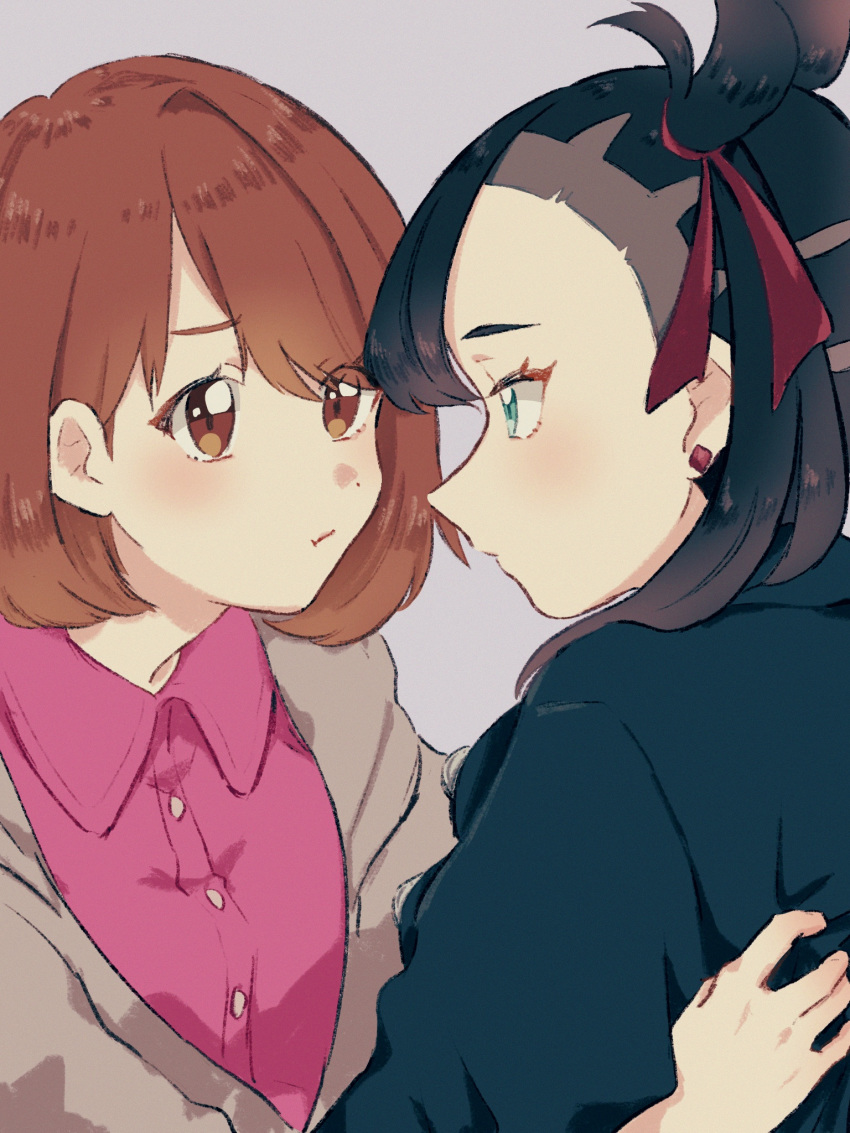 2girls bangs black_hair blush brown_eyes brown_hair buttons cardigan closed_mouth earrings eye_contact eyelashes eyes_visible_through_hair green_eyes grey_cardigan hair_over_shoulder hair_ribbon highres jacket jewelry looking_at_another mary_(pokemon) multiple_girls myuuu_ay pokemon pokemon_(game) pokemon_swsh red_ribbon ribbon short_hair yuuri_(pokemon)