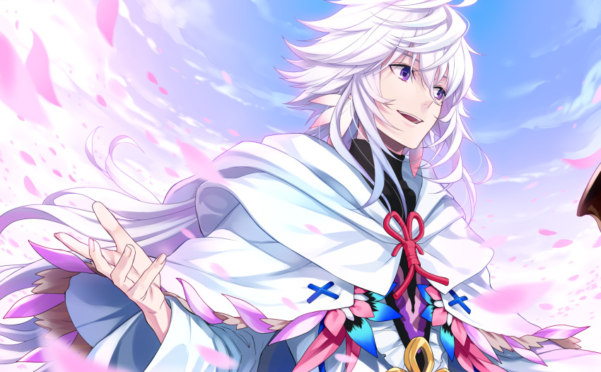 1boy ahoge bangs bishounen center_frills chimachi clouds eyebrows fate/grand_order fate_(series) flower flower_knot hair_between_eyes hair_ornament highres hood hood_down hooded_robe long_hair long_sleeves looking_to_the_side male_focus merlin_(fate) multicolored_hair open_mouth petals pink_ribbon ribbon robe sky solo tassel turtleneck two-tone_hair upper_body very_long_hair violet_eyes white_hair white_robe wide_sleeves