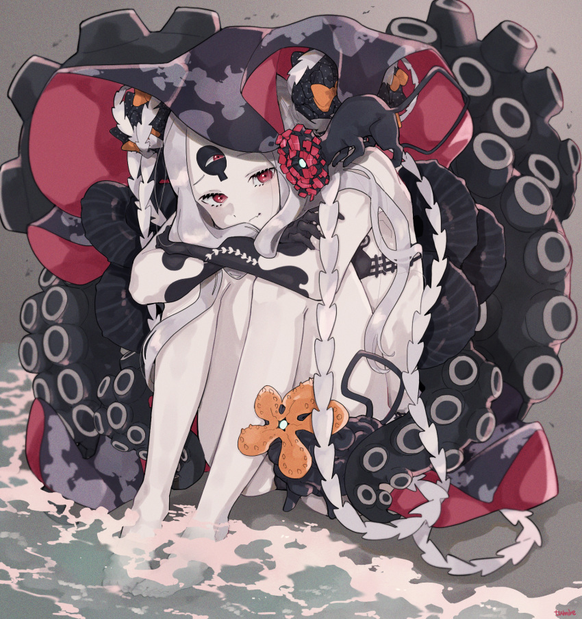 1girl abigail_williams_(fate/grand_order) abigail_williams_(swimsuit_foreigner)_(fate) artist_request bangs bare_shoulders bikini black_bikini black_bow blush bow breasts closed_mouth creature double_bun fang fate/grand_order fate_(series) forehead highres keyhole knees_up leg_hug legs long_hair looking_at_viewer micro_bikini multiple_bows orange_bow parted_bangs red_eyes shore sidelocks sitting skin_fang small_breasts swimsuit tentacles thighs third_eye very_long_hair white_hair white_skin