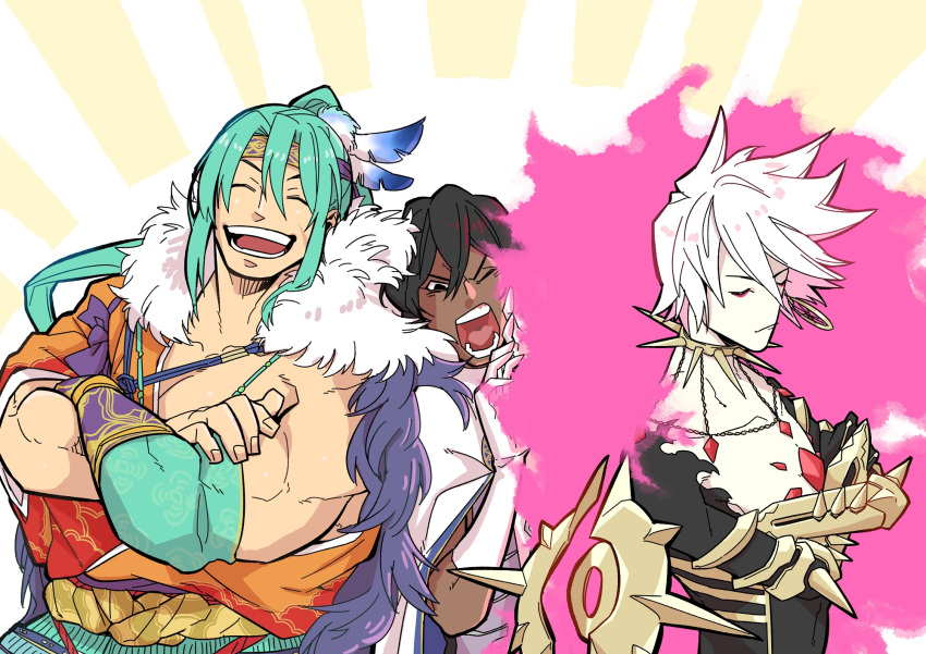 3boys arjuna_(fate/grand_order) black_hair chest crossed_arms detached_sleeves fate/grand_order fate_(series) green_hair headband highres japanese_clothes karna_(fate) koryuu_(gackter10) long_hair male_focus multiple_boys muscle open_mouth pale_skin pectorals ponytail short_hair smile tawara_touta_(fate/grand_order)