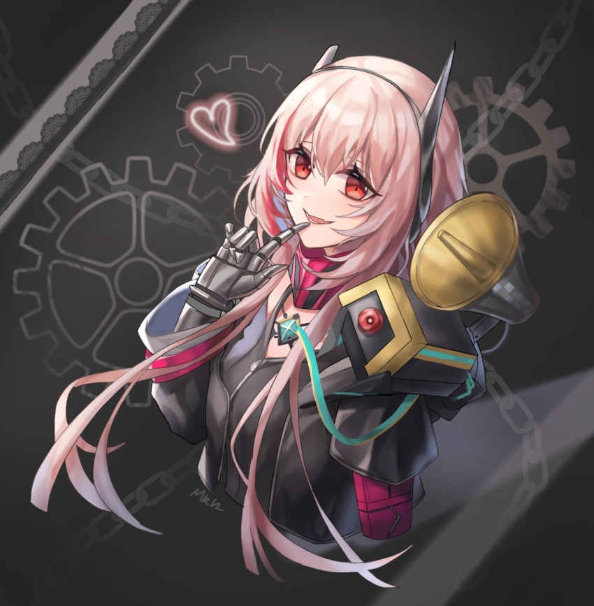 1girl black_jacket dinergate_(girls_frontline) eyebrows_visible_through_hair finger_to_mouth girls_frontline hair_ornament hairband heart heart_print highres jacket long_hair looking_at_viewer m4_sopmod_ii_(girls_frontline) mechanical_arm mikita_z open_mouth pink_hair red_eyes scarf simple_background smile solo_focus