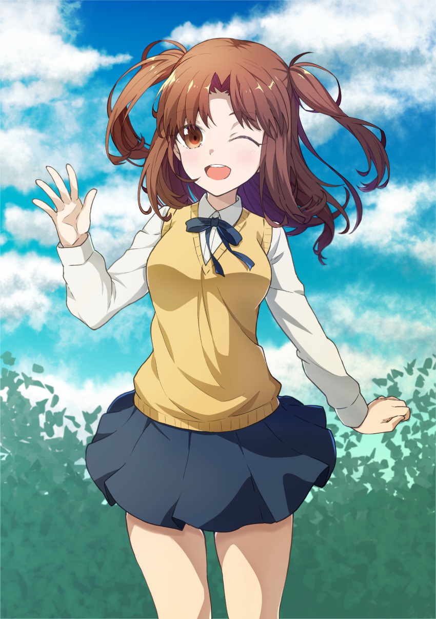 1girl ;d absurdres azami_masurao blue_ribbon blue_skirt breasts brown_eyes brown_hair bush clouds commentary_request cowboy_shot day eyebrows_visible_through_hair highres leaf long_hair long_sleeves looking_at_viewer medium_breasts miniskirt neck_ribbon one_eye_closed open_mouth outdoors pleated_skirt ribbon school_uniform shirt short_twintails skirt sky smile solo tsukihime twintails vest waving white_shirt yellow_vest yumizuka_satsuki