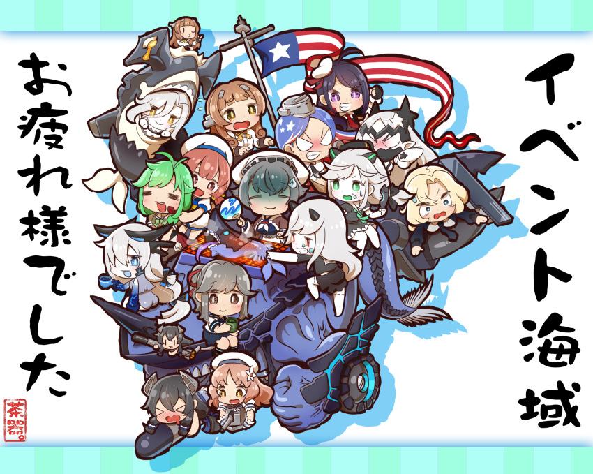 &gt;_&lt; 6+girls =_= absurdres abyssal_chishima_hime ahoge ariake_(kantai_collection) artist_name black_gloves black_hair black_jacket black_neckwear blonde_hair blue_eyes blue_hair blue_sailor_collar blue_skirt blush bomber_jacket brown_eyes brown_hair chaki_(teasets) closed_eyes collared_shirt cup destroyer_forest_hime dress eyebrows_visible_through_hair fairy_(kantai_collection) fan fingerless_gloves gloves goto_islands_seafloor_hime green_eyes green_hair green_neckwear grey_hair grin hair_between_eyes hair_ornament hat headgear helena_(kantai_collection) highres holding holding_cup holding_fan hornet_(kantai_collection) horns i-47_(kantai_collection) jacket jingei_(kantai_collection) juliet_sleeves kaiboukan_no._4_(kantai_collection) kantai_collection long_hair long_sleeves matsu_(kantai_collection) multicolored_hair multiple_girls navel neckerchief necktie one_eye_closed open_mouth paper_fan pleated_skirt ponytail puffy_short_sleeves puffy_sleeves purple_hair red_eyes red_neckwear redhead round_teeth sailor_collar sailor_dress sailor_hat school_uniform serafuku shinkaisei-kan shirt short_hair short_sleeves signature skirt smile south_dakota_(kantai_collection) south_pacific_aircraft_carrier_hime southern_battleship_new_hime star_(symbol) teeth torpedo uchiwa upper_teeth usugumo_(kantai_collection) violet_eyes white_dress white_gloves white_hair white_headwear white_neckwear white_sailor_collar white_shirt yashiro_(kantai_collection) yellow_eyes