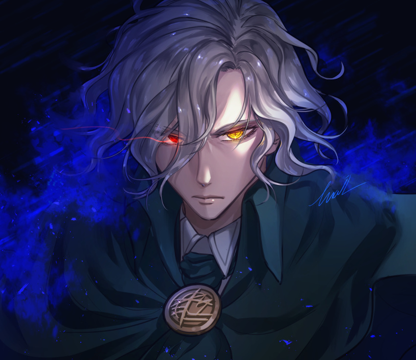 1boy avril214 blue_fire collared_shirt edmond_dantes_(fate/grand_order) fate/grand_order fate_(series) fire formal green_jacket highres jacket looking_at_viewer male_focus medium_hair red_eyes shirt signature silver_hair solo suit upper_body white_shirt wing_collar yellow_eyes