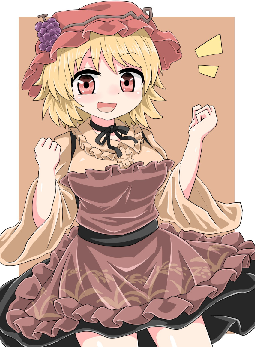 1girl aki_minoriko arms_up bangs black_neckwear blonde_hair breasts bright_pupils brown_dress chups clenched_hands dress eyebrows_visible_through_hair food fruit grapes highres looking_at_viewer open_mouth orange_background red_eyes red_headwear shirt short_hair simple_background smile solo touhou wheat_print wide_sleeves yellow_shirt