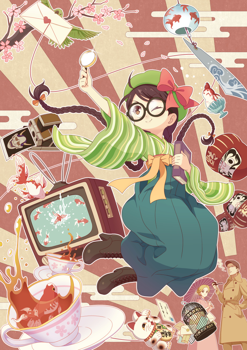 1boy 2girls absurdres ahoge antennae beret bird birdcage black_footwear blonde_hair book boots bow braid branch brown_eyes brown_hair brown_headwear cage cherry_blossoms commentary_request crt cup daruma_doll detective dress egasumi fish food fruit glasses goldfish green_headwear green_kimono green_skirt hair_bow hakama hakama_skirt hat hat_bow heart high_heel_boots high_heels highres holding holding_book holding_magnifying_glass holding_pipe holding_umbrella japanese_clothes kimono letter long_sleeves magnifying_glass maneki-neko multiple_girls one_eye_closed oni_mask oriental_umbrella original outstretched_arm petals pink_bow pink_dress pipe polaroid saucer shaved_ice skirt smile smoke sparkle strawberry striped striped_kimono sunburst sunburst_background teacup television trench_coat twin_braids twintails umbrella wide_sleeves wind_chime zuku_p