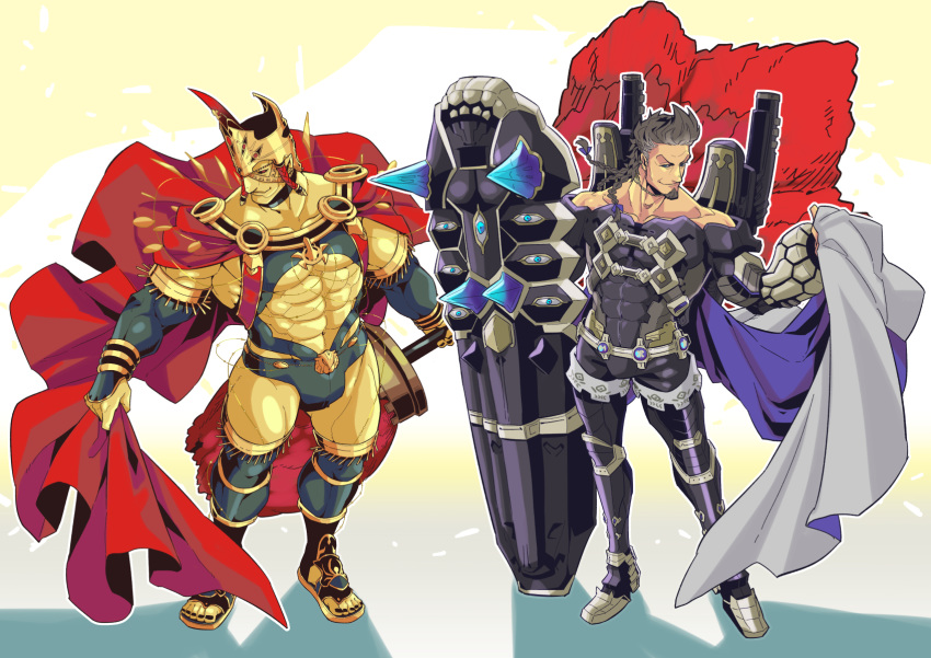 2boys abs armor bara bulge cape chest crossover detached_sleeves earrings fate/grand_order fate_(series) full_body granblue_fantasy helmet highres huge_weapon jewelry koryuu_(gackter10) male_focus multiple_boys muscle navel pectorals revealing_clothes romulus_(fate/grand_order) shield smile thick_thighs thighs tight weapon yngwie