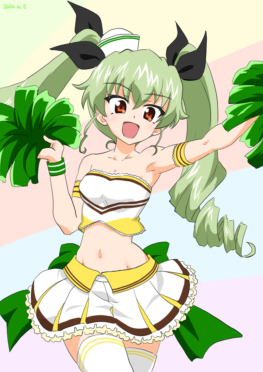 1girl :d absurdres alternate_costume anchovy_(girls_und_panzer) arm_up armpits back_bow bangs bare_shoulders black_ribbon bow cheerleader coco's commentary cowboy_shot dated derivative_work dixie_cup_hat double_horizontal_stripe drill_hair drops_mint eyebrows_visible_through_hair frilled_armband frilled_skirt frills girls_und_panzer green_bow green_hair hair_ribbon hat highres holding holding_pom_poms lace lace-trimmed_shirt large_bow long_hair looking_back midriff military_hat miniskirt multicolored multicolored_background navel open_mouth pleated_skirt pom_poms red_eyes ribbon shirt skirt smile solo standing strapless thigh-highs tilted_headwear tubetop twin_drills twintails white_headwear white_legwear white_shirt white_skirt wristband