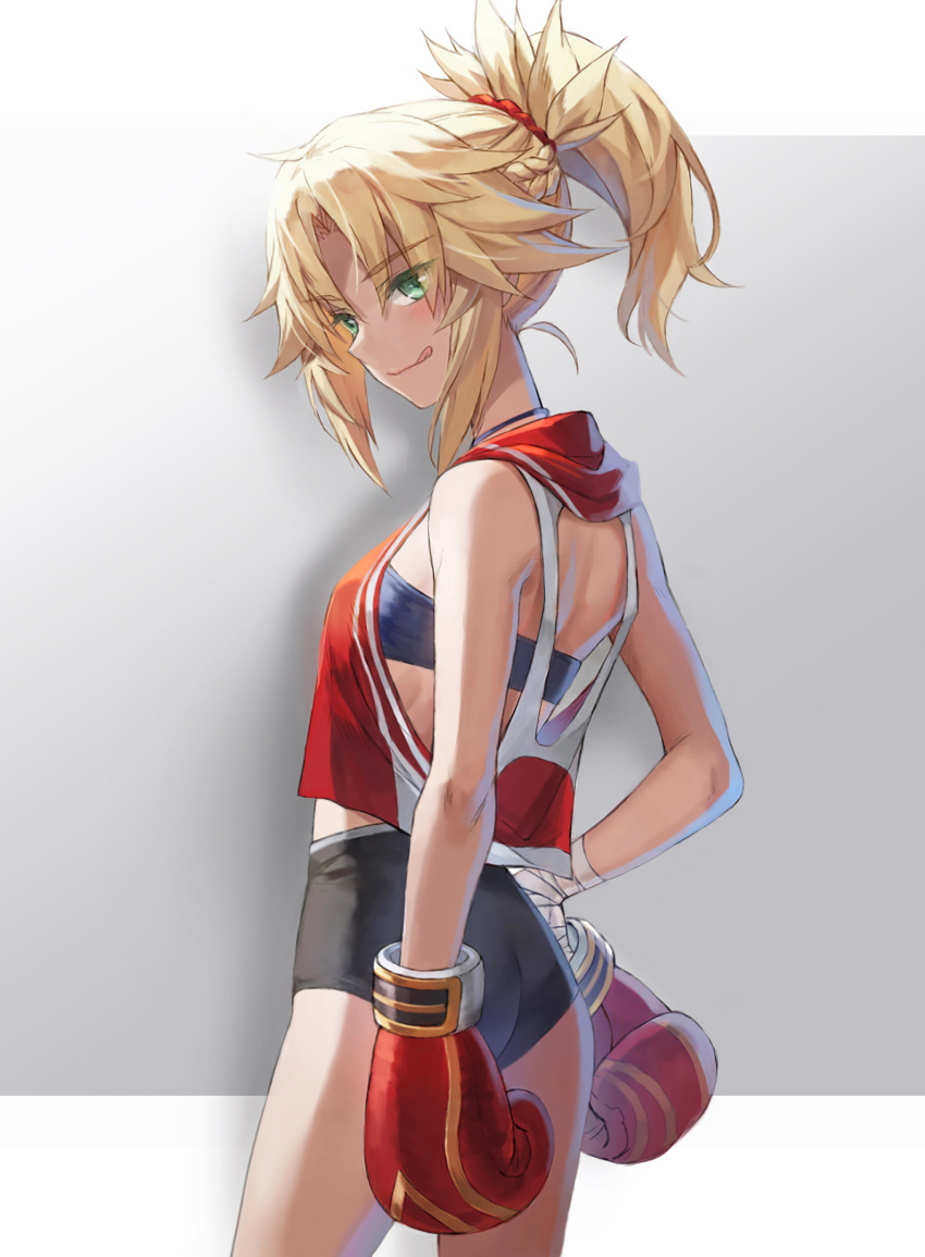 1girl :q absurdres ass bangs bare_shoulders black_buruma blonde_hair blue_sports_bra blush border boxing_gloves braid breasts buruma closed_mouth crop_top fate/apocrypha fate_(series) french_braid gradient gradient_background green_eyes grey_background hair_ornament hair_scrunchie highres licking_lips long_hair looking_at_viewer mordred_(fate) mordred_(fate)_(all) photoshop_(medium) ponytail red_scrunchie red_shirt scrunchie shirt sidelocks small_breasts smile sports_bra thighs tonee tongue tongue_out white_border
