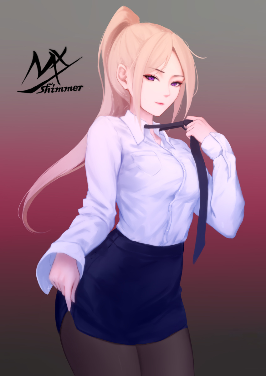 1girl artist_name bangs black_legwear black_neckwear blonde_hair blue_skirt breasts closed_mouth collared_shirt dress_shirt eyebrows_visible_through_hair gradient gradient_background grey_background hand_up high_ponytail highres long_hair long_sleeves looking_at_viewer medium_breasts nekomata office_lady original pantyhose parted_bangs pencil_skirt ponytail red_background shimmer shirt signature skirt sleeves_past_wrists smile solo very_long_hair violet_eyes white_shirt