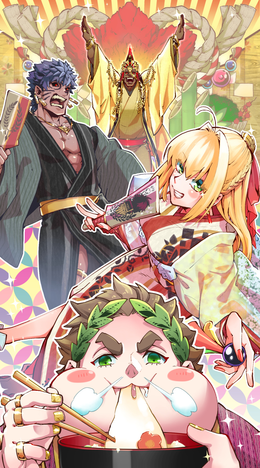1girl 3boys absurdres alternate_costume black_sclera caligula_(fate/grand_order) cape earrings fate/grand_order fate_(series) helmet highres holding japanese_clothes jewelry julius_caesar_(fate/grand_order) kimono koryuu_(gackter10) male_focus multiple_boys muscle nero_claudius_(fate)_(all) new_year romulus_(fate/grand_order) short_hair smile t-pose tagme
