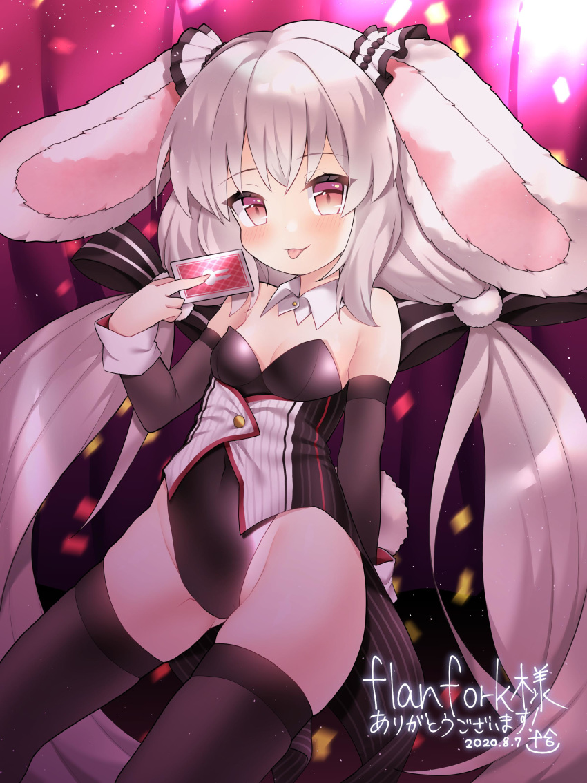 1girl absurdres animal_ears ass_visible_through_thighs bare_shoulders blush breasts bunnysuit card detached_collar detached_sleeves eyebrows_visible_through_hair grey_hair hair_between_eyes highres juugou_taki long_hair looking_at_viewer original playing_card rabbit_ears small_breasts solo thigh-highs tongue tongue_out twintails very_long_hair