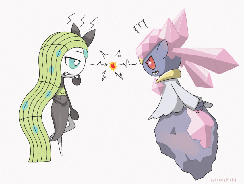 angry clenched_teeth diancie gen_5_pokemon gen_6_pokemon meloetta meloetta_(aria) mythical_pokemon pokemon simple_background teeth white_background