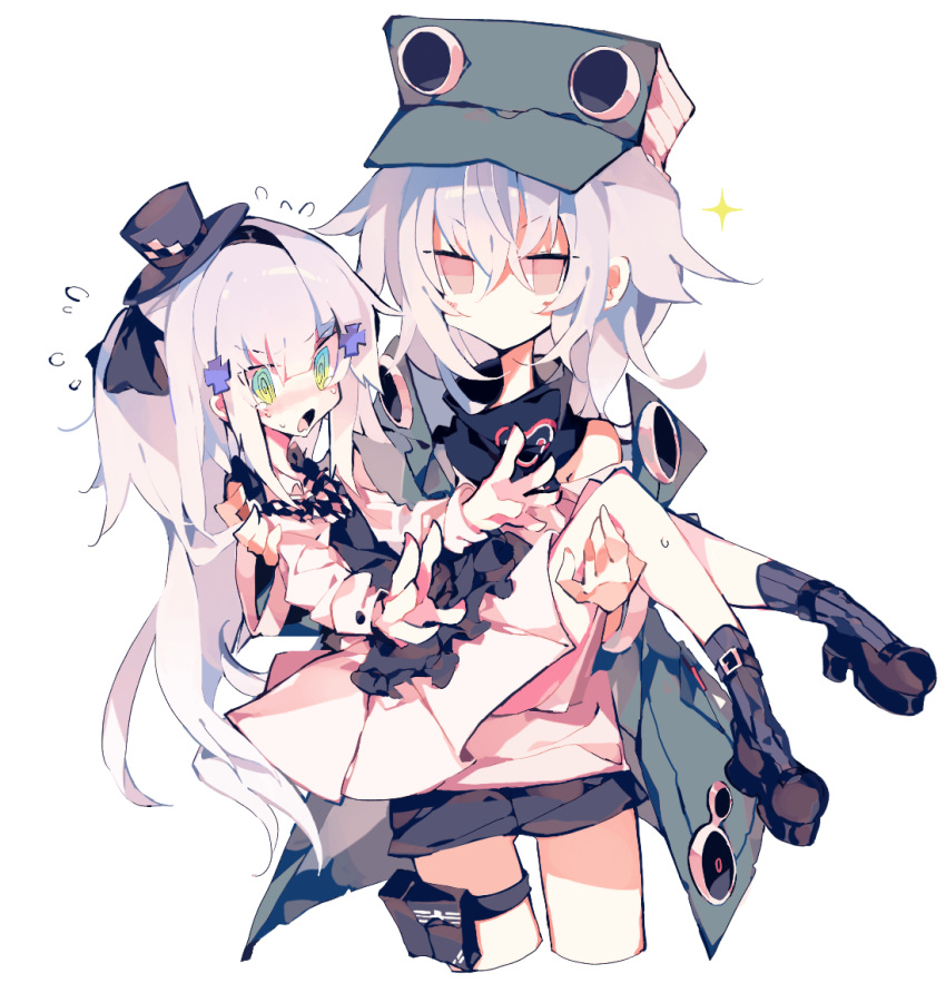 2girls black_footwear black_shorts carrying cropped_legs dress flying_sweatdrops g11_(girls_frontline) girls_frontline hair_between_eyes hair_ornament hat hk416_(girls_frontline) jacket long_hair meto_(metrin) mini_hat multicolored multicolored_eyes multiple_girls no_mouth off-shoulder_jacket open_clothes open_jacket open_mouth pink_eyes pouch princess_carry shoes shorts simple_background socks sparkle spiral_eyes tearing_up white_background white_dress white_hair