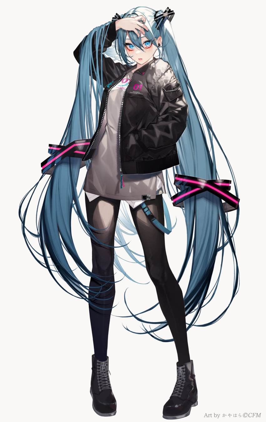 1girl arm_up artist_name blue_eyes blush boots breasts commentary earphones full_body hair_between_eyes hand_in_pocket hatsune_miku highres jacket kayahara long_hair long_sleeves looking_at_viewer medium_breasts panties simple_background solo standing symbol_commentary twintails underwear very_long_hair vocaloid watermark white_background wireless_earphones