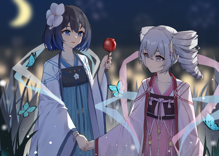 2girls absurdres bangs black_hair blue_butterfly blue_eyes blue_hair blurry blurry_background bronya_zaychik chinese_clothes commentary crescent_moon crossed_bangs depth_of_field drill_hair eye_contact fireworks flower grass grey_eyes grey_hair hair_flower hair_ornament hair_ribbon hanfu highres holding holding_hands honkai_(series) honkai_impact_3rd kuo_(kuo114514) long_hair looking_at_another moon multicolored_hair multiple_girls night night_sky open_mouth outdoors ribbon seele_vollerei short_hair sky smile tanabata twin_drills two-tone_hair white_flower