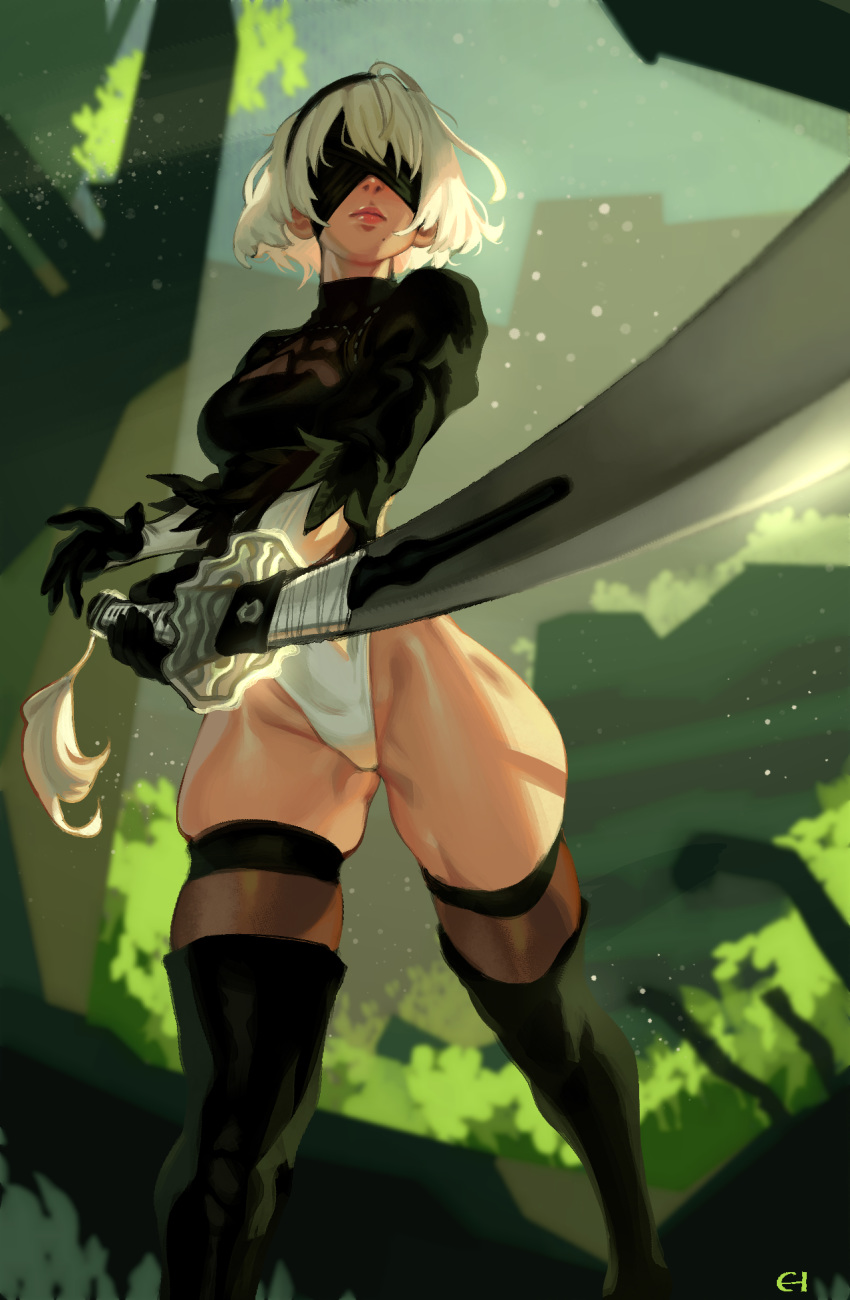 1girl black_blindfold black_gloves black_hairband blindfold boots breasts cleavage_cutout covered_eyes eigaka feather-trimmed_sleeves fighting_stance foreshortening from_below gloves hairband highleg highleg_leotard highres holding holding_sword holding_weapon juliet_sleeves katana leather leather_boots leotard long_sleeves medium_breasts mole mole_under_mouth nier_(series) nier_automata no_pants post-apocalypse puffy_short_sleeves puffy_sleeves sheer_legwear short_hair short_sleeves skindentation solo standing sword thick_thighs thigh-highs thigh_boots thighhighs_under_boots thighs virtuous_contract weapon white_hair white_leotard yorha_no._2_type_b