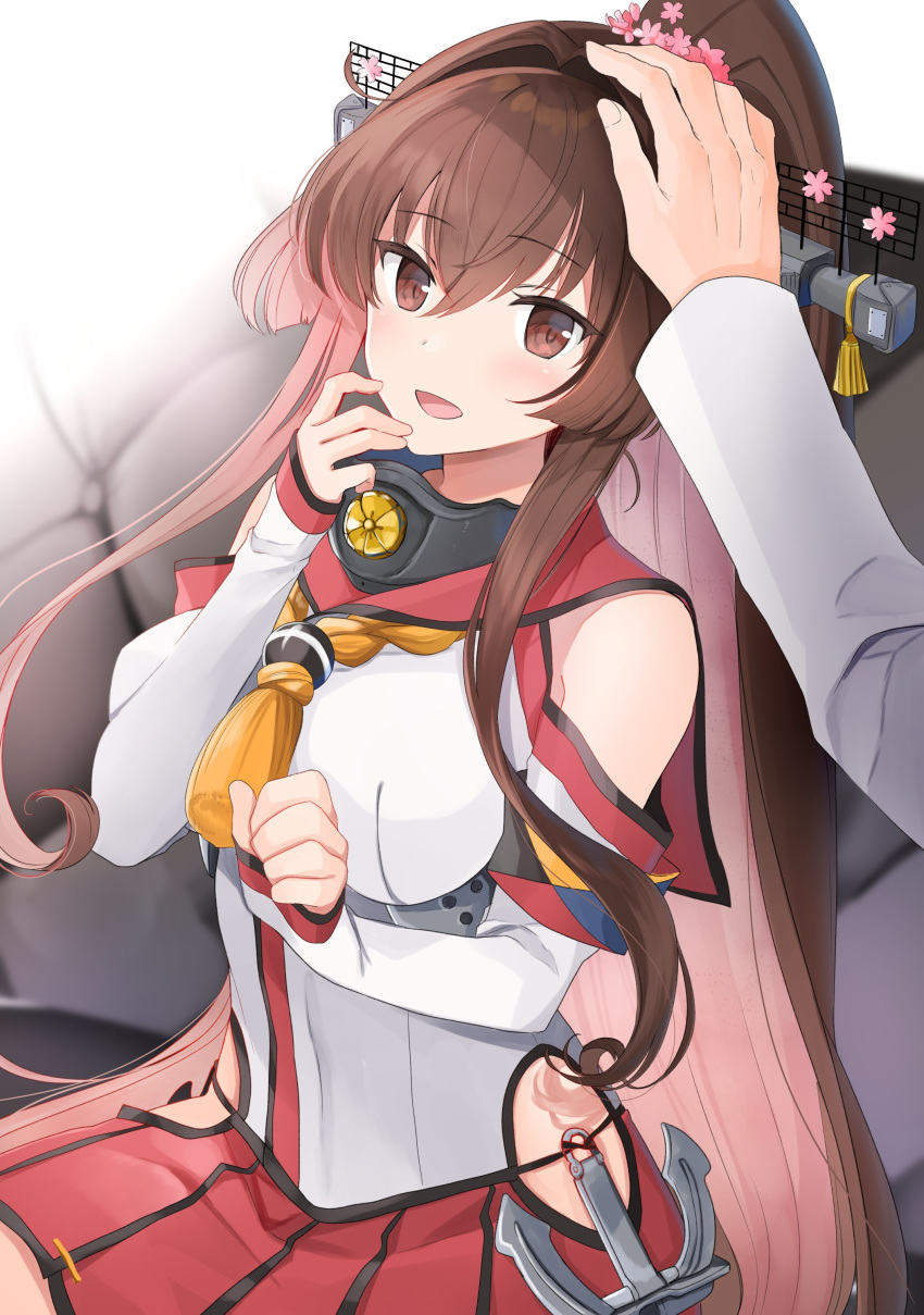 1boy 1girl absurdres admiral_(kantai_collection) bare_shoulders blush breasts brown_eyes brown_hair collar detached_sleeves flower hair_flower hair_ornament hand_to_own_mouth headgear highres hip_vent kantai_collection large_breasts long_hair looking_at_viewer metal_collar open_mouth petting pleated_skirt red_skirt sidelocks sitting skirt solo_focus very_long_hair yamato_(kantai_collection) yunamaro