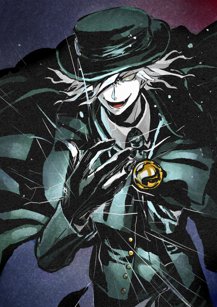 1boy aura black_gloves cape collared_shirt edmond_dantes_(fate/grand_order) electricity fate/grand_order fate_(series) formal gloves green_cape green_headwear green_jacket green_pants grin hat highres jacket long_sleeves looking_at_viewer male_focus medium_hair naanya_(9849122) one_eye_covered open_mouth pants shirt silver_hair smile solo suit white_shirt wing_collar yellow_eyes