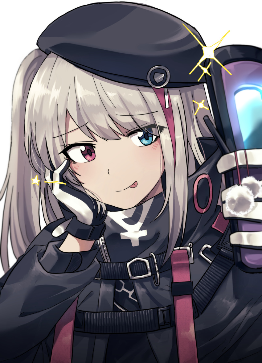 1girl :p bangs beret black_headwear blue_eyes cellphone eyebrows_visible_through_hair flip_phone girls_frontline gloves grey_hair hand_on_own_cheek hand_on_own_face hat heterochromia highres holding holding_phone lix long_hair mdr_(girls_frontline) multicolored_hair phone pink_eyes pink_hair self_shot simple_background smile solo sparkle star_(symbol) streaked_hair tactical_clothes tongue tongue_out upper_body white_background