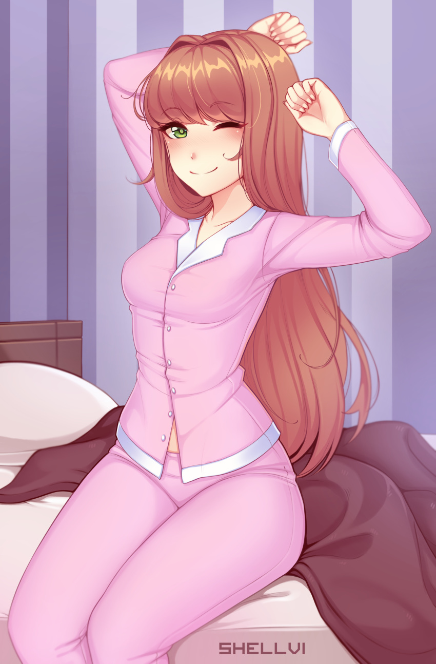 1girl ;) absurdres arm_behind_head arms_up artist_name bangs bed bed_sheet breasts brown_hair collarbone collared_shirt doki_doki_literature_club dress_shirt eyebrows_visible_through_hair green_eyes highres indoors long_hair long_sleeves looking_at_viewer medium_breasts monika_(doki_doki_literature_club) on_bed one_eye_closed pajamas pants pink_pants pink_shirt ponytail ribbon shellvi shirt sitting smile solo