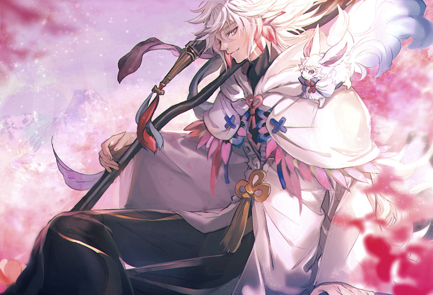 1boy ahoge animal bangs bishounen black_pants center_frills fate/grand_order fate_(series) flower_knot fou_(fate/grand_order) hair_between_eyes hair_ornament holding holding_staff holding_weapon hood hood_down hooded_robe long_hair long_sleeves looking_at_viewer male_focus merlin_(fate) multicolored_hair onk_(kkkarb) pants pink_ribbon ribbon robe sitting smile solo staff tassel turtleneck two-tone_hair very_long_hair violet_eyes weapon white_hair white_robe wide_sleeves