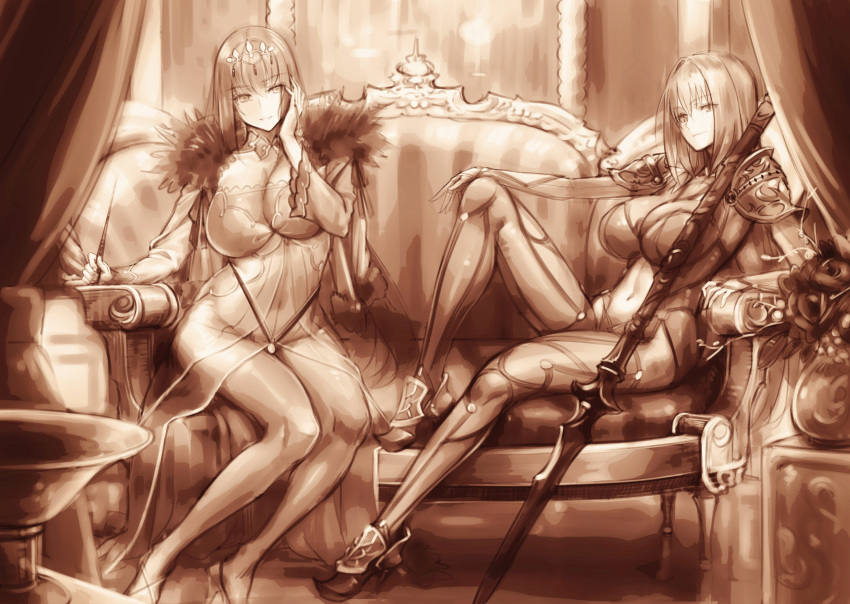 2girls absurdres armor bangs bodysuit breasts couch covered_navel curtains dress fate/grand_order fate_(series) feather_trim fur-trimmed_dress fur_trim gae_bolg hair_between_eyes hair_intakes hayama_kazusa headpiece highres holding holding_wand indoors large_breasts long_hair monochrome multiple_girls pauldrons polearm scathach_(fate)_(all) scathach_(fate/grand_order) scathach_skadi_(fate/grand_order) shoulder_armor sitting smile spear tiara wand weapon