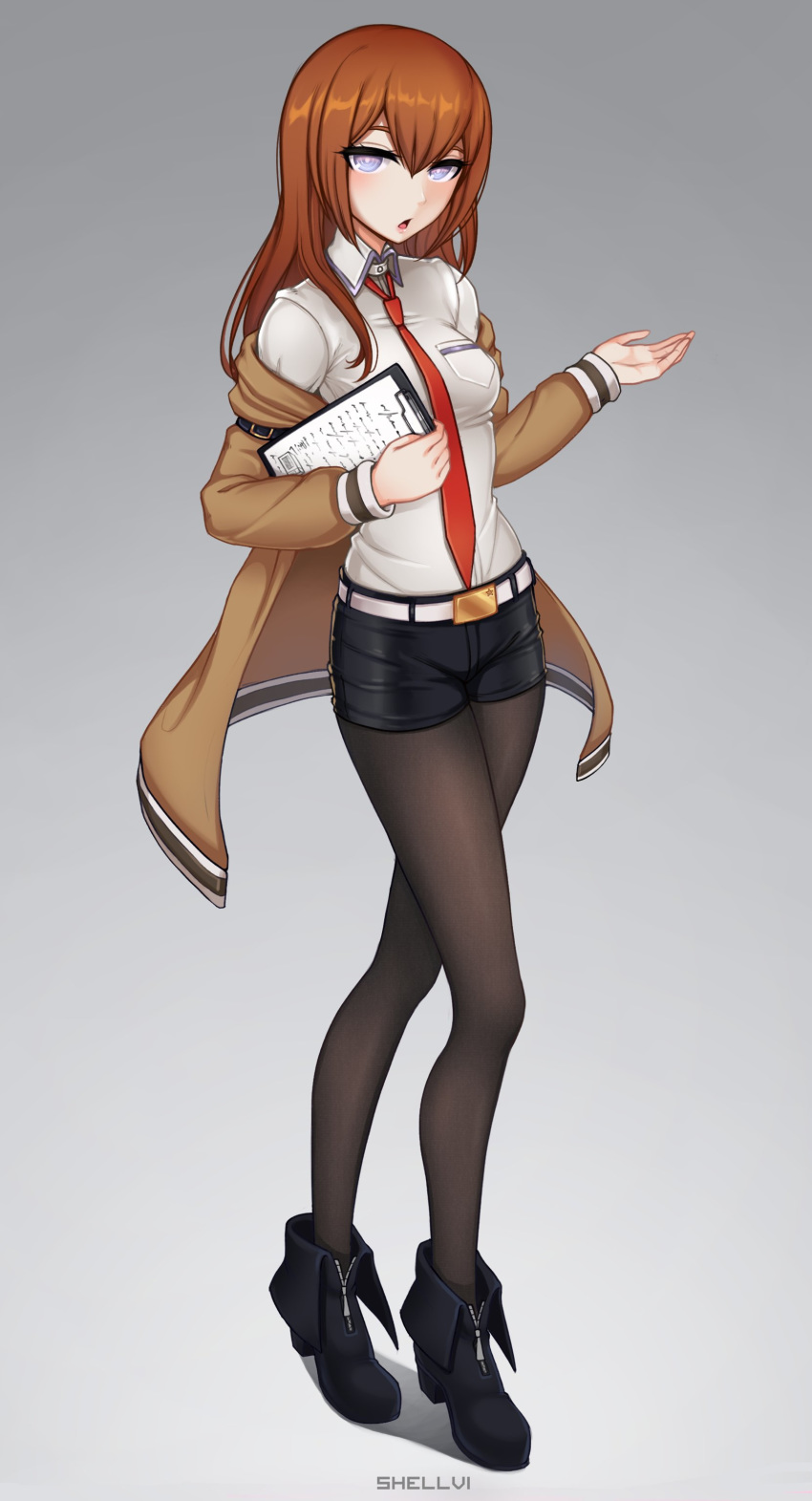 1girl :o absurdres artist_name bangs belt black_legwear black_shorts blue_eyes blush boots breasts brown_hair brown_jacket commentary contrapposto full_body gradient gradient_background grey_background highres holding holding_notepad jacket legwear_under_shorts long_hair long_sleeves looking_at_viewer makise_kurisu medium_breasts necktie notepad off_shoulder open_mouth pantyhose red_neckwear shellvi shirt short_shorts shorts solo standing steins;gate white_shirt