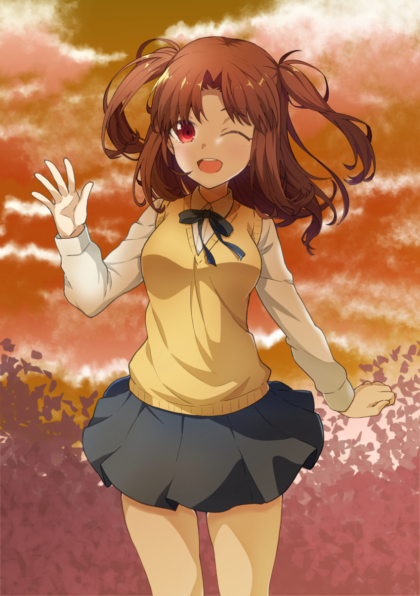 1girl ;d absurdres azami_masurao blue_ribbon blue_skirt breasts brown_hair bush clouds commentary_request cowboy_shot dusk evening eyebrows_visible_through_hair highres leaf long_hair long_sleeves looking_at_viewer medium_breasts miniskirt neck_ribbon one_eye_closed open_mouth outdoors pleated_skirt red_eyes ribbon school_uniform shirt short_twintails skirt sky smile solo tsukihime twintails vest waving white_shirt yellow_vest yumizuka_satsuki