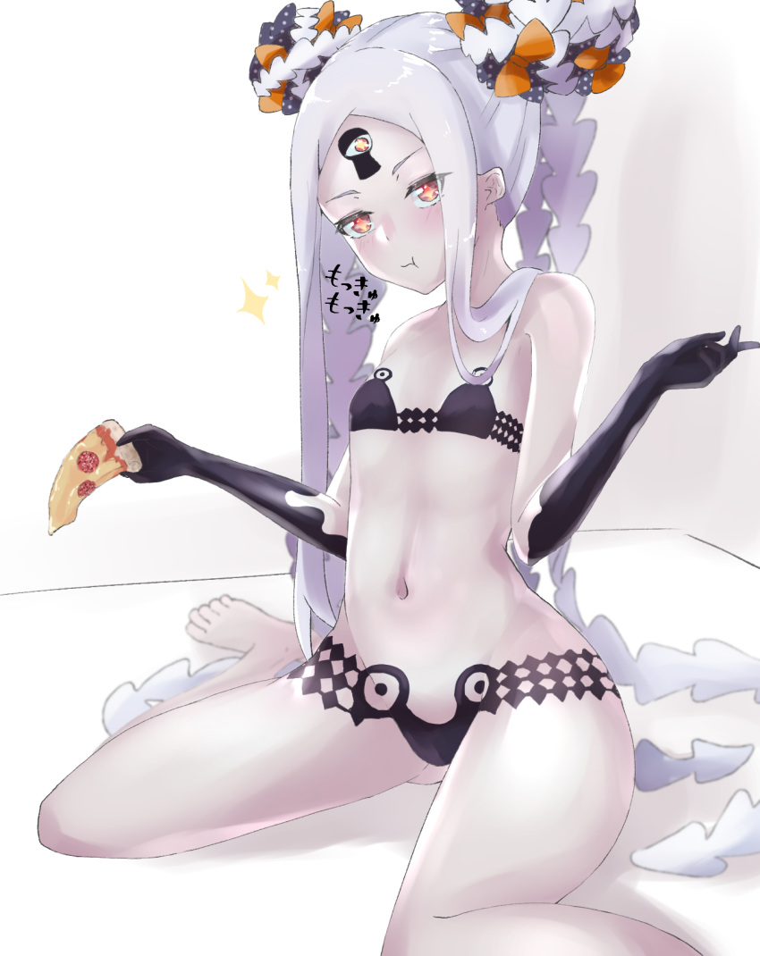 1girl abigail_williams_(fate/grand_order) abigail_williams_(swimsuit_foreigner)_(fate) bangs bare_shoulders barefoot bikini black_bikini black_bow blush bow breasts closed_mouth collarbone double_bun eating fate/grand_order fate_(series) food forehead highres keyhole legs long_hair looking_at_viewer meshiiro_(rome_sy) micro_bikini multiple_bows navel orange_bow parted_bangs pink_eyes pizza puffy_cheeks sidelocks sitting small_breasts sparkle sparkling_eyes swimsuit thighs third_eye very_long_hair wariza white_hair white_skin