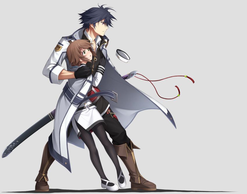 1boy 1girl :o belt blue_hair blush boots brown_hair eiyuu_densetsu gloves green_eyes hakuleg hat jacket pantyhose rean_schwarzer sen_no_kiseki short_hair simple_background sword towa_herschel uniform weapon white_jacket