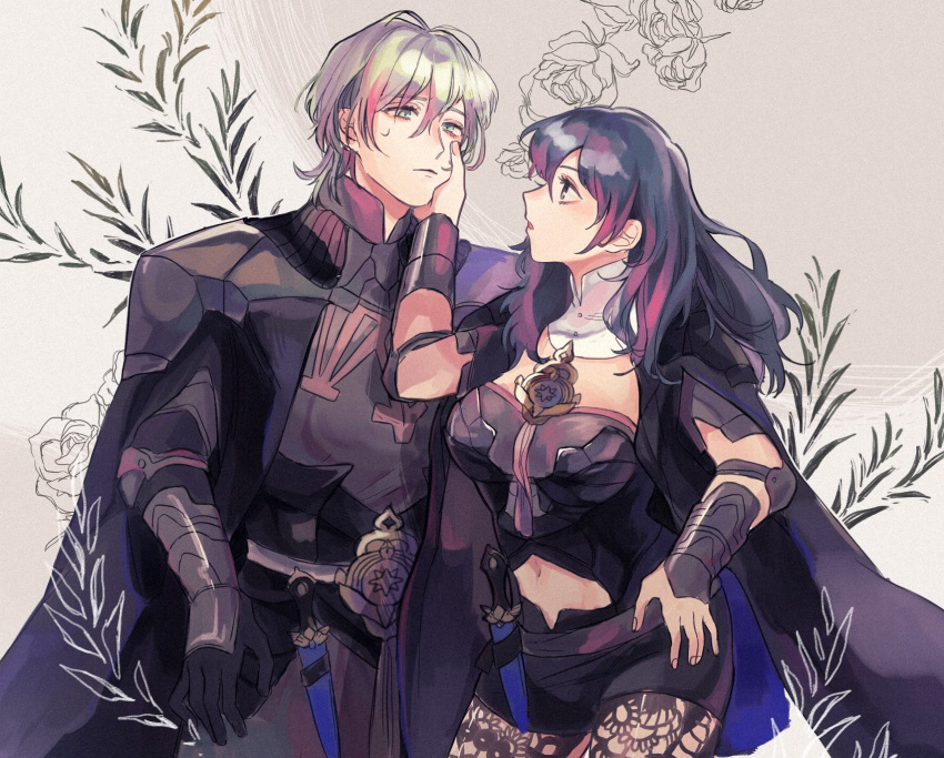 1boy 1girl 3rdk0n armor black_gloves black_shorts blue_eyes blue_hair byleth_(fire_emblem) byleth_eisner_(female) byleth_eisner_(male) closed_mouth dagger fire_emblem fire_emblem:_three_houses gloves green_eyes green_hair highres navel_cutout open_mouth pantyhose sheath sheathed shorts weapon