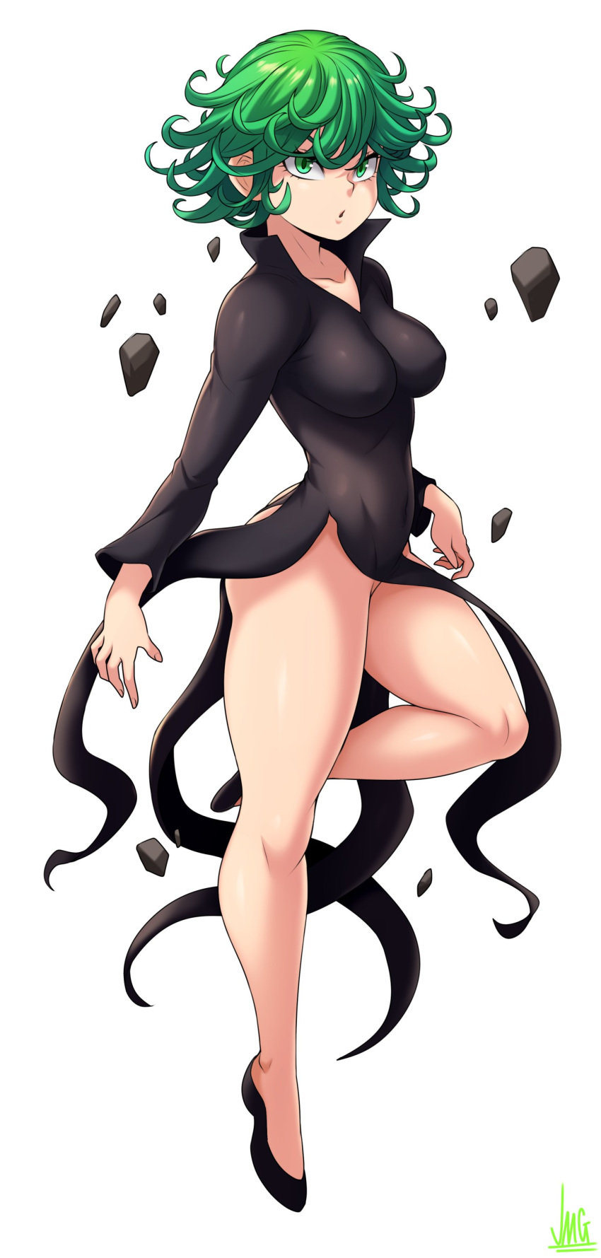 1girl :o absurdres artist_name black_dress black_footwear breasts covered_nipples dress eyebrows eyebrows_behind_hair floating green_eyes green_hair hair_raising highres jmg leg_lift medium_breasts medium_hair nipples no_panties one-punch_man rock shoes signature tatsumaki thighs