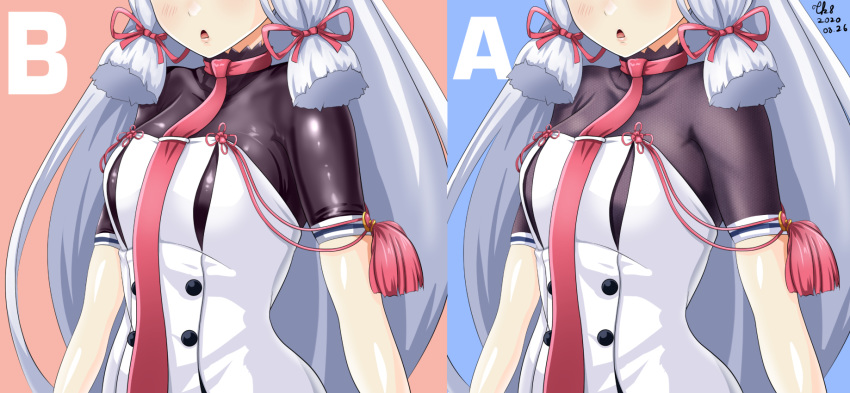 1girl black_shirt comparison dated dress hair_ribbon head_out_of_frame highres kantai_collection long_hair murakumo_(kantai_collection) necktie open_mouth red_neckwear ribbon shiny shiny_clothes shirt sidelocks signature silver_hair solo strapless strapless_dress tk8d32 tress_ribbon under_shirt