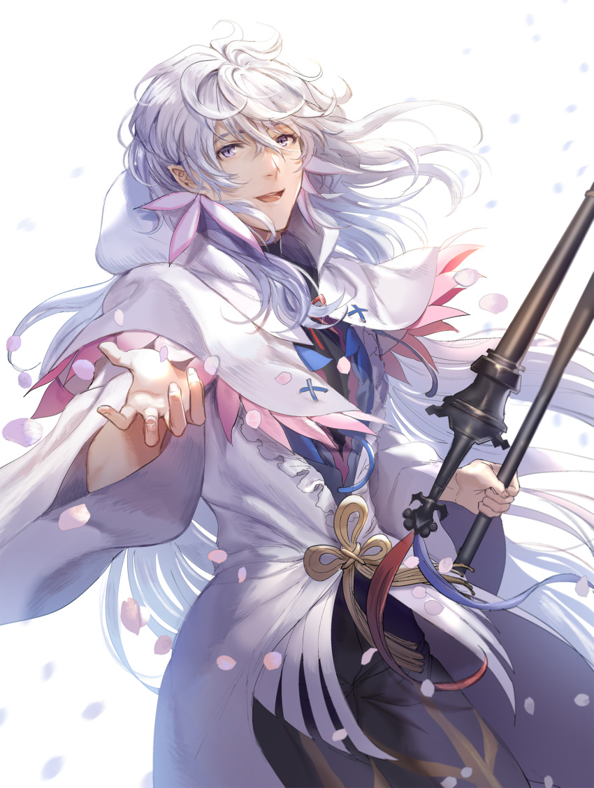1boy ahoge bangs bishounen black_pants boba center_frills fate/grand_order fate_(series) flower flower_knot hair_between_eyes hair_ornament highres holding holding_staff holding_weapon hood hood_down hooded_robe long_hair long_sleeves male_focus merlin_(fate) multicolored_hair open_mouth pants petals pink_ribbon ribbon robe simple_background solo staff tassel turtleneck two-tone_hair upper_body very_long_hair violet_eyes weapon white_background white_hair white_robe wide_sleeves