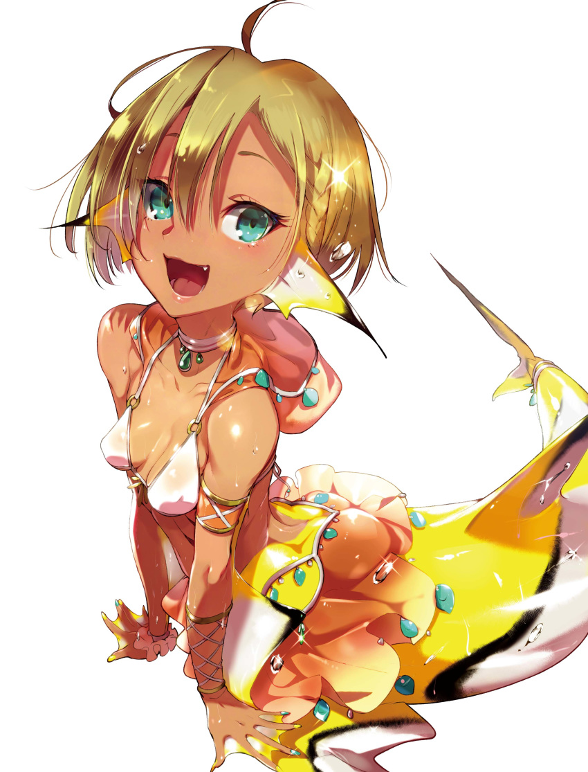 1girl :d absurdres ahoge aqua_eyes bare_shoulders blonde_hair breasts brooch choker closed_mouth collarbone commentary_request cover cover_page dark_skin fang fins floating_hair full_body gills glint hair_between_eyes head_fins highres jewelry looking_at_viewer lulala_heine mermaid monster_girl monster_musume_no_oisha-san nail_polish novel_cover novel_illustration official_art open_mouth short_hair simple_background small_breasts smile webbed_hands white_background z-ton